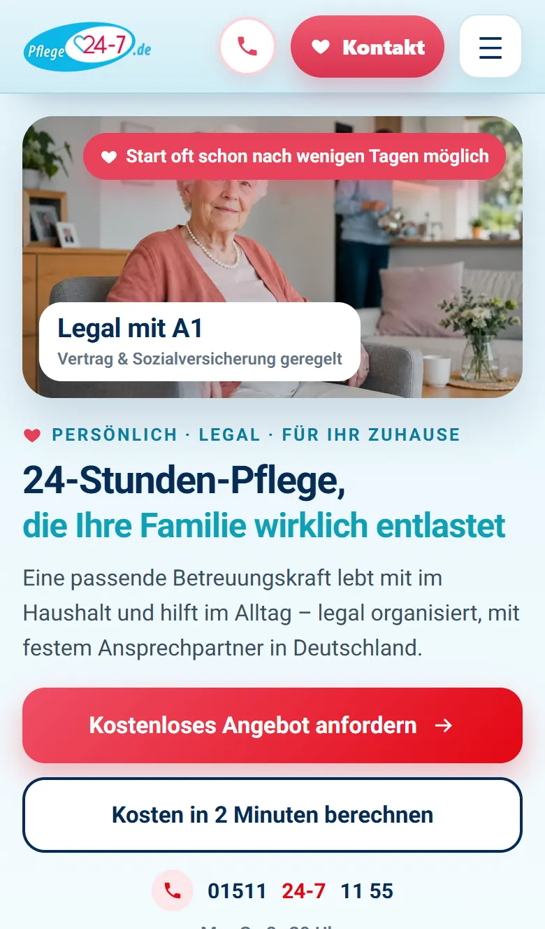 Startseite Pflege24-7 am Handy